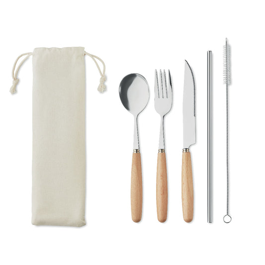 Set di Posate Riutilizzabili in Acciaio e Legno